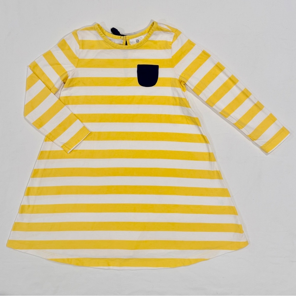 Hanna Andersson Trapeze Dress Girls 5 110cm Yellow White Striped Navy Pocket